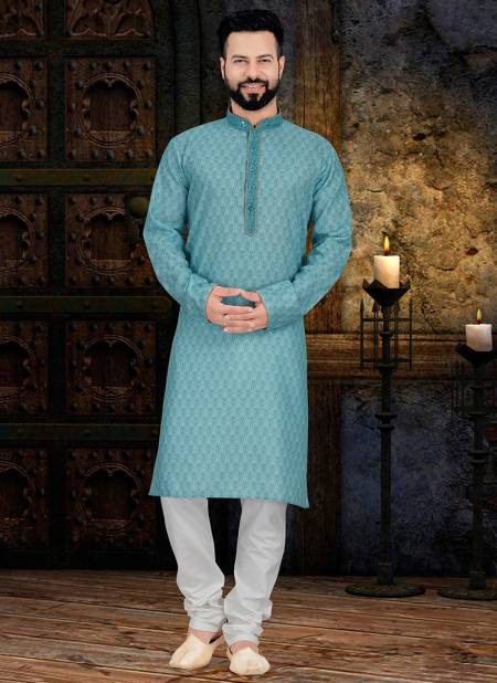 Sky Blue Colour Outluk Vol 42 Traditional Wear Long Kurta Pure Cotton With Digital Print Kurta Pajama Mens Collection 42002